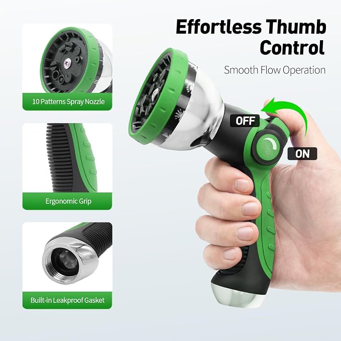 Besiter Garden Hose Nozzle Sprayer: 2 Pack 10 Watering Patterns Spray Nozzles Heavy Duty Metal Hose Head Hose Attachment, Thumb Control On Off Valve