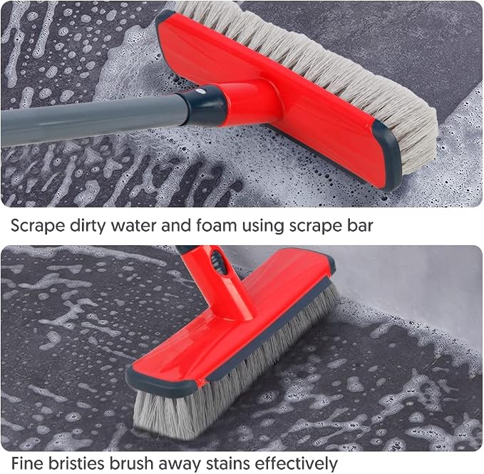 Floor Scrubber with Long Handle, 2 in 1 Scrubbing Brush Stiff Bristle Shower Cleaning Brush for Bathroom, Kitchen, Tub, Carpet, Grout, Tile(Red)