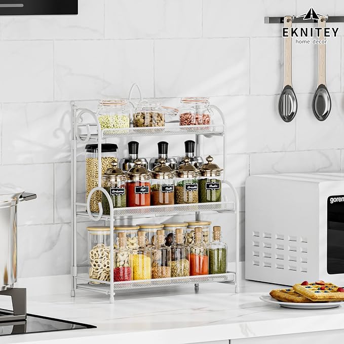 EKNITEY 3-Tier Bathroom Organizer - Sink Organizer Spice Rack(No Assembly) | for Bathroom Kitchen Bedroom Countertop Storage, Sturdy Metal Frame, Easy to Clean, Space-saving, Foldable, White