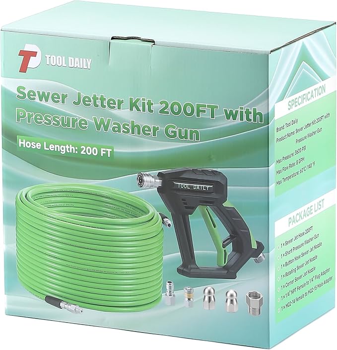 Tool Daily Sewer Jetter Kit for Pressure Washer 200 FT, Power Washer Gun | Drain Cleaner Hose 1/4 Inch NPT, Corner, Rotating and Button Nose Sewer Jet Nozzle, 3600 PSI