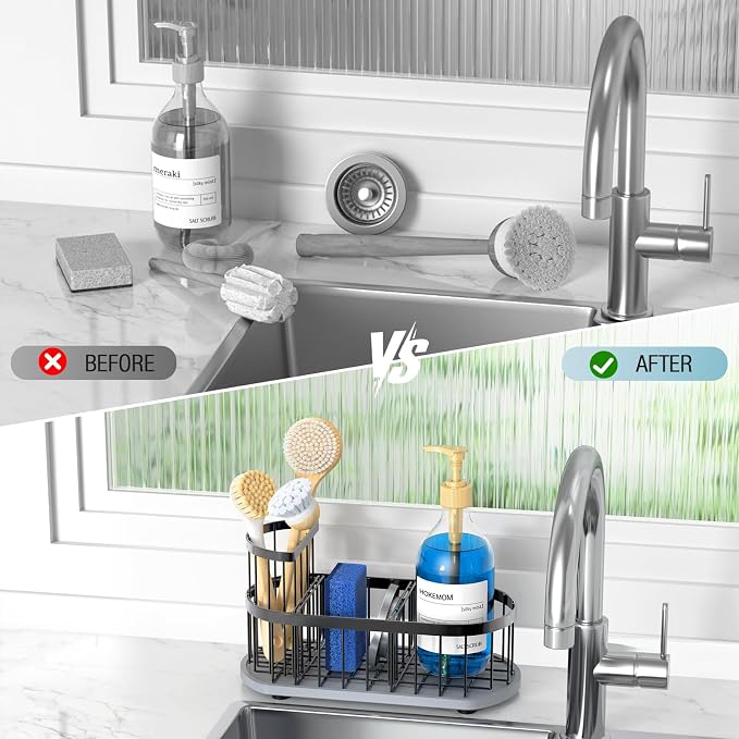 Sponge Holder for Kitchen Sink with High Brush Holder, [Stay-Dry Anywhere & No Drainage Needed] Rustproof Stainless Steel Kitchen Sink Caddy Organizer with Water Absorbing Stone Tray, Black