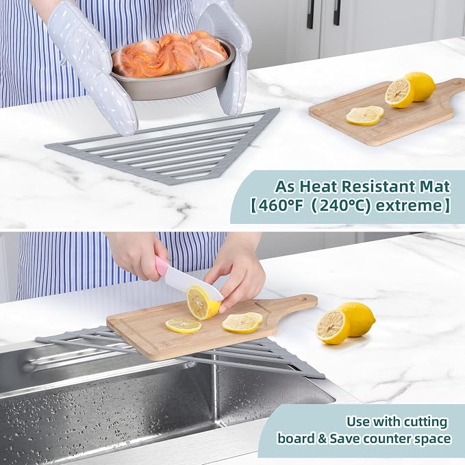 Ohuhu Triangle Roll Up Dish Drying Rack, Silicone Wrapped Steel Anti-Slip Sink Corner Rack Caddy Multipurpose Strainer for Kitchen Sink Trivet Space-Saving