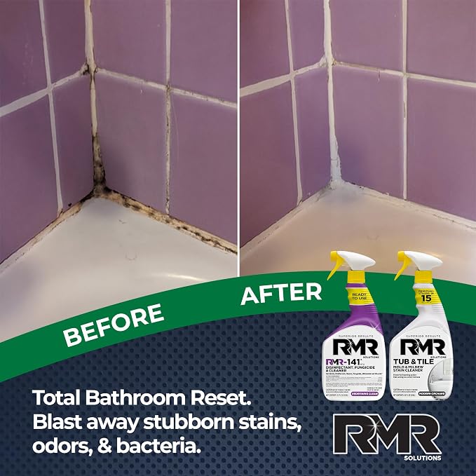RMR Bathroom Brilliance Bundle – Tub & Tile Stain Spray + RMR-141 EPA Registered Mold & Mildew Remover, 2-Step Bathroom Cleaning & Disinfecting System for Showers, Sinks, Tile, Grout, 2–32 Oz Bottles