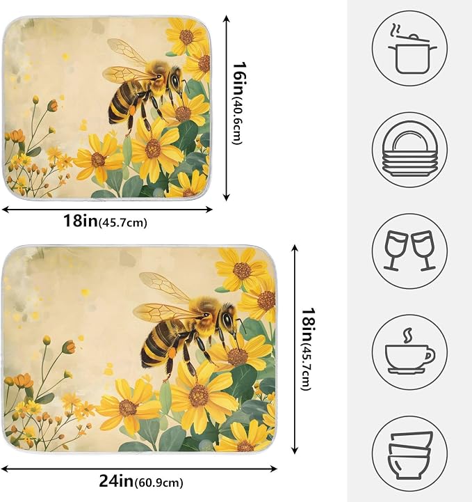 Honey Bee Dish Drying Mat for Kitchen Counter Absorbent Microfiber Large Drying Pad Yellow Flowers Leaves Dish Mats for Kitchen Countertops 18 x 24 Inch117