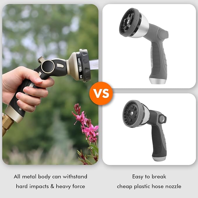 RESTMO Hose Nozzle Heavy Duty, Metal Water Hose Sprayer for Garden | 9 Spray Patterns, Leak Proof, Thumb Flow Control, On/Off Valve, Ideal for Outdoor Lawn & Plant, Car & Pet, Black