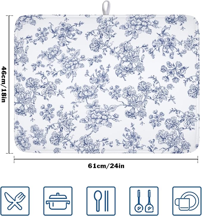 Blue Floral Dish Drying Mat for Kitchen Counter Chinoiserie Flower Microfiber Dish Drainer Mat Vintage Rustic Elegant Absorbent Washable Drying Pad Extra Large 18"x24"