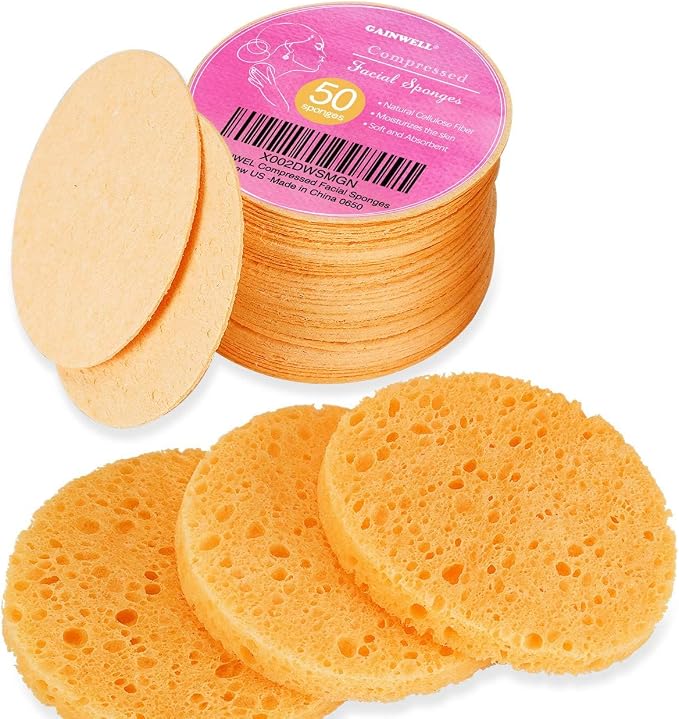 GAINWELL 50-Count Compressed, GAINWELL Cellulose, 100% Natural Cosmetic Spa Sponge for Facial Cleansing, Exfoliating Mask, Makeup Removal