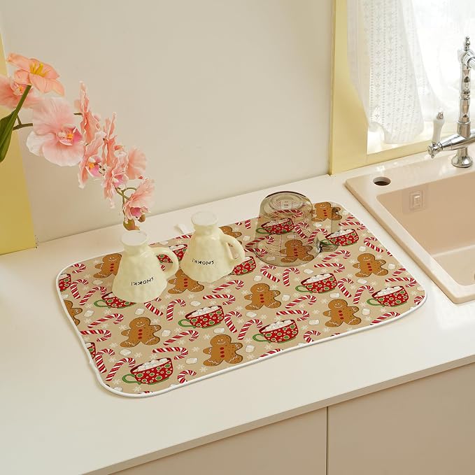 Christmas Dish Drying Mat 18x24 Inch Winter Brown Gingerbread Man Dish Drainer Protector Pad for Kitchen Counter Absorbent Marshmallow Candy Xmas Drying Pad for Drainer Rack Kitchen Fast Dry