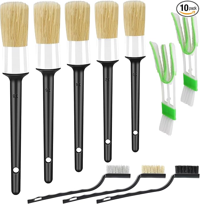 HMPLL 10pcs Detailing Brush Set, White | Includes 5 Soft Car Detailing Brushes , 3 Wire Brush, 2 Air Vent Brush for Cleaning Car Interior and Exterior Detailing