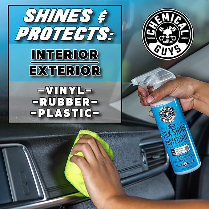 Chemical Guys, Silk Shine Vinyl, Rubber & Trim Satin Dressing, 16 oz, 2 Pk | Dries to a natural satin look with no greasy sling, works indoors and out on dashboards, door panels, bumpers and tires