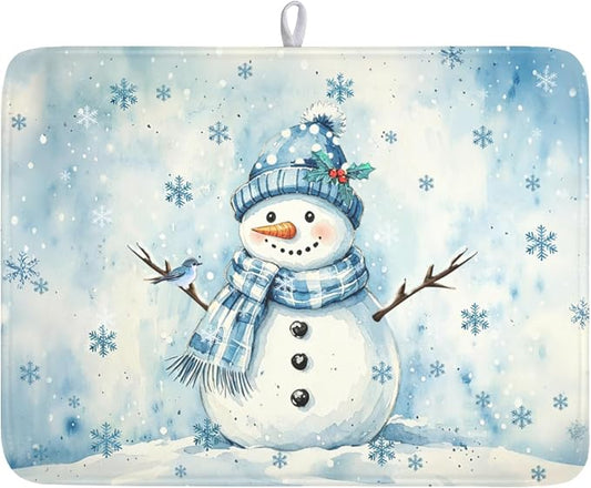 Winter Snowman Dish Drying Mat for Kitchen Counter 18x24 Inch | Blue Christmas Snowflake Snow Scene Dish Drainer Mat Rustic Seasonal Holiday Absorbent Washable Drying Pad