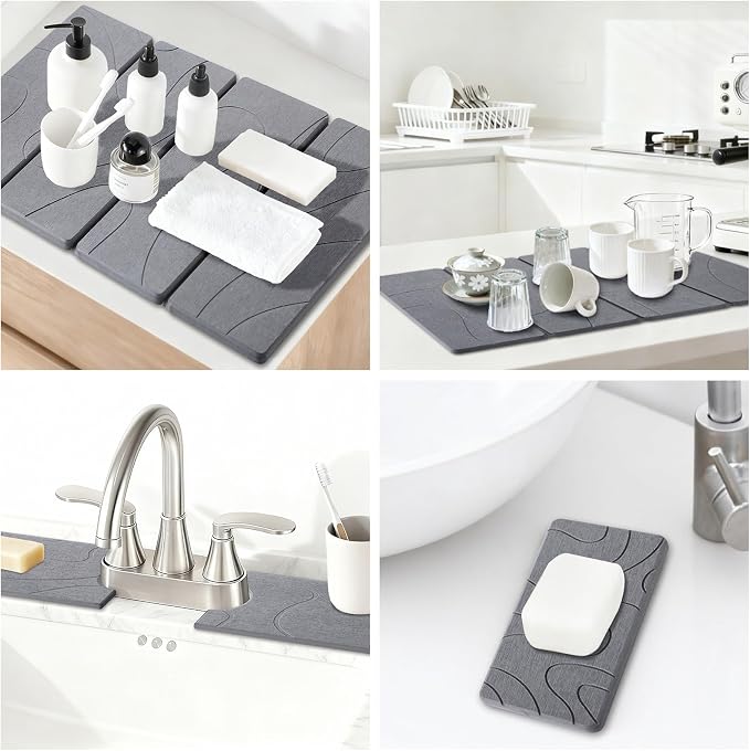 3 PCS Large Stone Dish Drying Mat for Kitchen Counter, Quick Dry Stone Dishes Mats, Sink Faucet Mat, Minimalist Water Absorbing Diatomaceous Earth Drying Pad for Countertop Tableware, Bottles