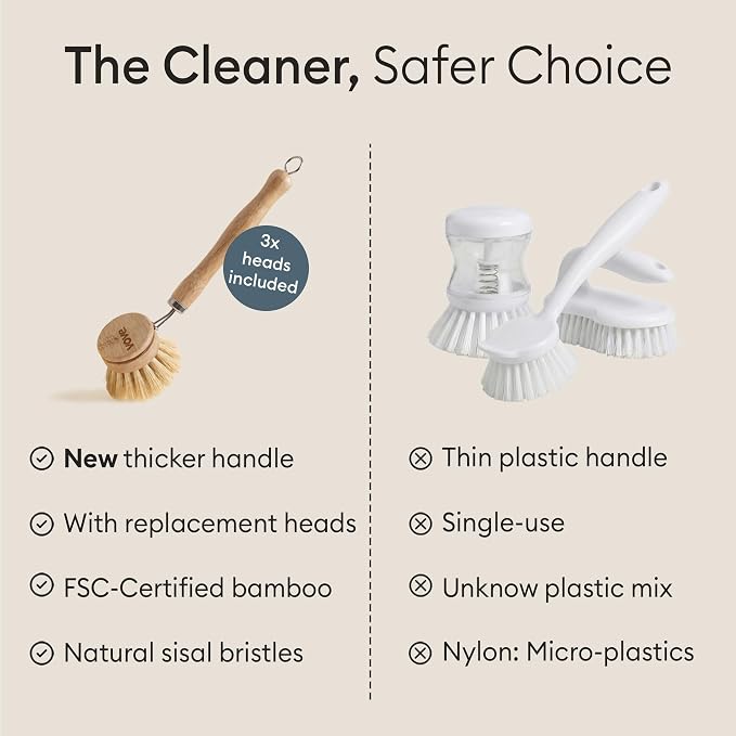 Vove Bamboo Dish Brush with 3 Replacement Heads, Plastic-Free Kitchen Scrub Brush for Pots Pans and Dishes, FSC-Certified Bamboo Handle with Natural Fiber Bristles, Non-Toxic Zero-Waste