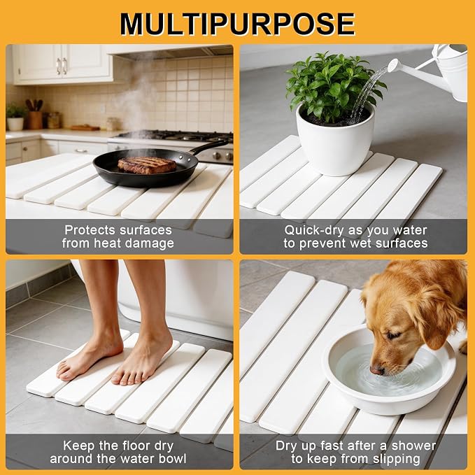 Stone Dish Drying Mat for Kitchen Counter, 16''×12'' Quick Dry Stone Dishes Mats Foldable Water Absorbing Diatomaceous Earth Drying Organizer Mat for Dishes Utensils Bottles Any Countertop(White)