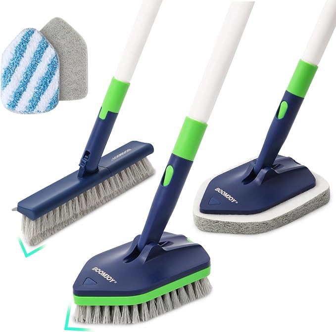 BOOMJOY 4 in 1 Shower Cleaning Brush, 58" Extendable Tub and Tile Scrubber Set, Grout Brush with Long Handle, Shower Tile Floor Scrubber for Cleaning Baseboard Bathroom Toilet Kitchen
