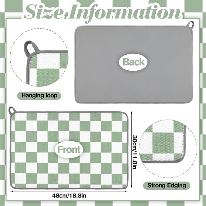 Zonon Green Checkered Dish Drying Mat for Kitchen Counter 16" x 24" Microfiber Absorbent Dish Drainer Rack Pads Fast Dry Mat Vintage Kitchen Decorations