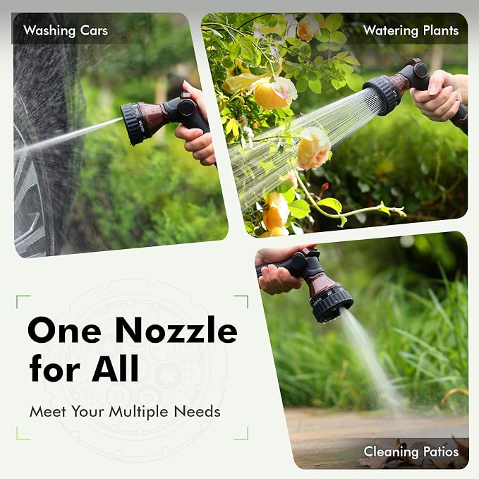 RESTMO Water Hose Nozzle Heavy Duty, Garden Hose Sprayer Thumb Control | Premium Zinc Alloy Metal, 8 Spray Patterns, Flow Adjustable, for Outdoor Plants & Lawns Watering, Cars & Pets Washing, Brown