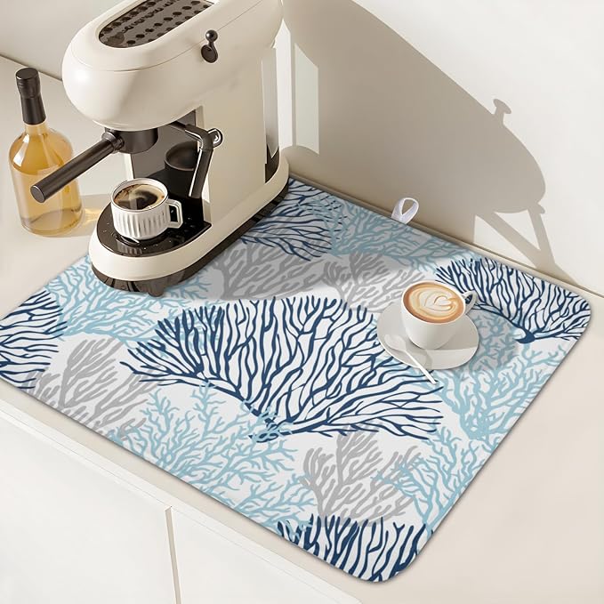 Beach Theme Dish Drying Mat for Kitchen Counter 16x18 Inch | Blue Coral，Polyester，Absorbent Microfiber，for Coffee Dining Decor