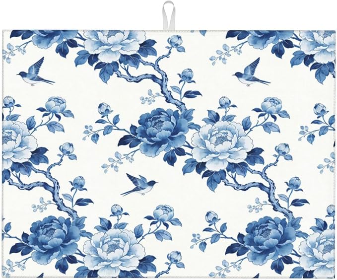 Chinoiserie Dish Drying Mat, for Kitchen Counter Microfiber Absorbent, Blue and White Dish Draining Mat Extra Large 18"x24"