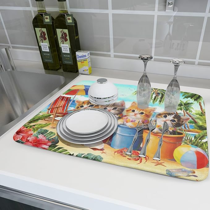 Lovely Cat Dish Drying Mat for Kitchen Counter Holiday Beach Absorbent Coffee Bar Mat 18 X 24 In