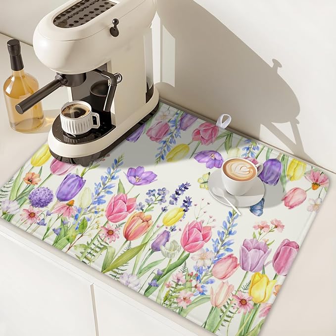 Spring Floral Dish Drying Mat for Kitchen Counter Easter Tulip Lavender Flower Microfiber Dish Drainer Mat Rustic Farmhouse Absorbent Washable Drying Pad Extra Large 18"x24"