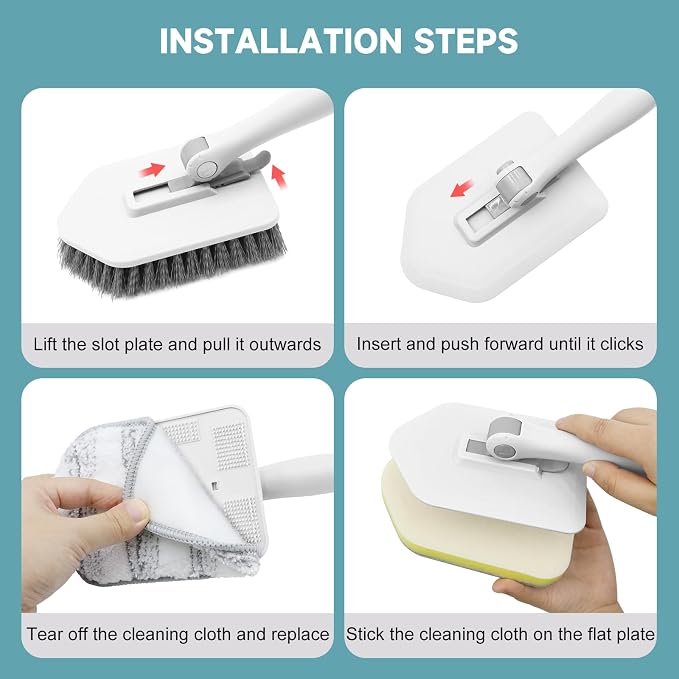 nacena Shower Scrubber with Long Handle, 4 in 1 Tile Tub Scrubber Brush with 3 Detachable Cleaning Heads and V-Shaped Grout Brush Shower Cleaner Brush for Bathroom Kitchen Toilet Tub Sink, Grey White