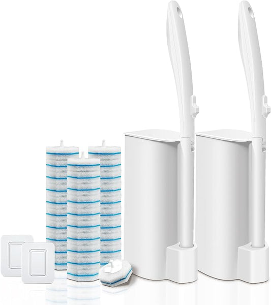 2 Pack Disposable Toilet Brush and Holder Set with 30 Replacement Heads | Wall mounted Toilet Bowl Cleaner Wand kit, Bathroom Cleaning System for Daily Use