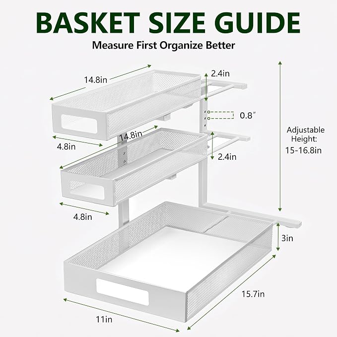 3 Tier Under Sink Organizer,2 Pack Pull Out Cabinet Shelves with Adjustable Height,Heavy Duty Carbon Steel L-Shaped Storage for Kitchen Bathroom Sink,Pantry & Laundry,White