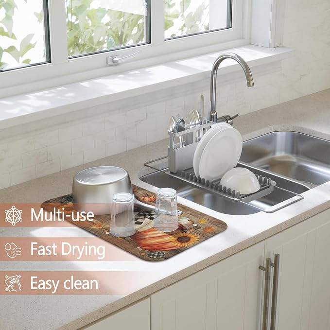 Fall Dish Drying Mat 2-Pack Plaid Pumpkin for Kitchen Counter Dishes Mat | Diatom Mud Mats (18x24, 19.5x12"). Non-slip rubber back for kitchen counter, coffee bar & sink scenes