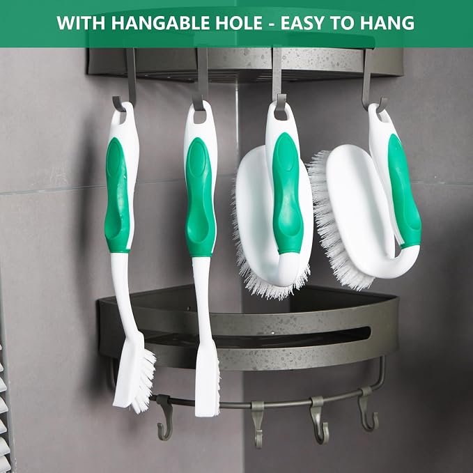 Scrub Brush Set, 4 Pack Deep Cleaning Brush Kit, Green | 2 Scrub Brush, 2 Tile & Grout Brush with Built-in Scraper, Household Commercial Scrubber for Floor, Shower, Pool Wall, Tub