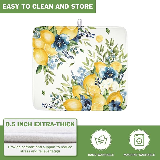 Blue Floral Camellia Lemon Dish Drying Mat 16x18 Inch | Polyester，Absorbent Microfiber，for Kitchen Coffee Dining Bar Decor