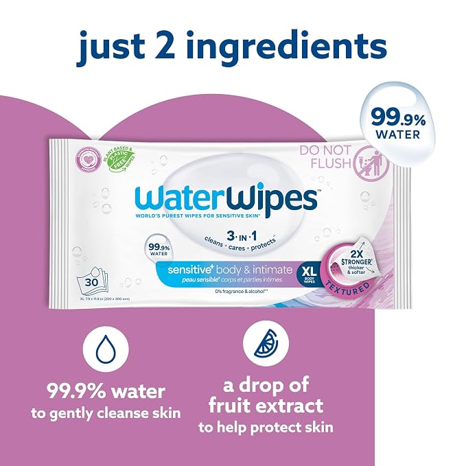 WaterWipes Sensitive Whole Body Cleansing Wipes, 99.9% Purified Water, XL Textured Wipes, Incontinence Care, Fragrance Free, 180 Count