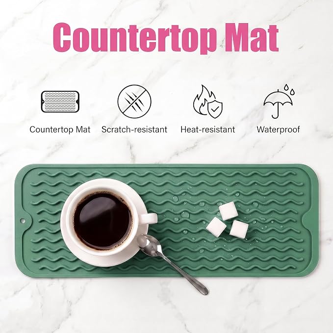 MicoYang Silicone Dish Drying Mat for Multiple Usage,Easy clean,Eco-friendly,Heat-resistant Silicone Mat for Kitchen Counter,Sink,Bar,Bottle,or Cup Green M 17 inches x 6 inches
