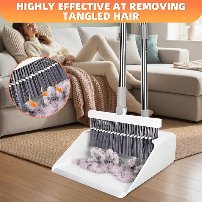 Broom and Dustpan Set, 51 inch Long Adjustable Handle Angle Broom and Dustpan Combo Set with Double Dustpan Teeth to Clean Hair for Home Kitchen Office Lobby, White&Grey