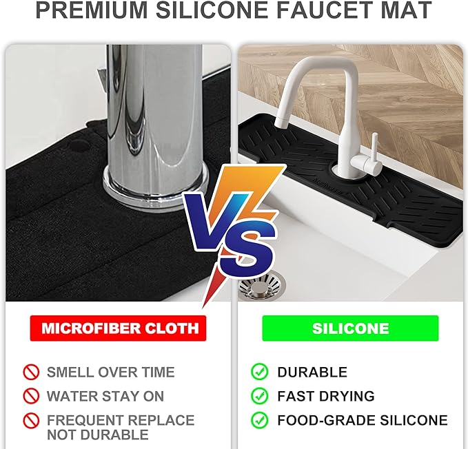 Silicone Faucet Mat for Kitchen Sink – Gen 2 Splash Guard with Upgraded Outlet & Slope – 18” x 5.1” Water Catcher & Sink Sponge Holder for Kitchen and Bathroom (Black)