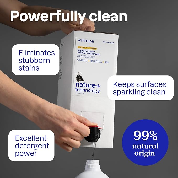 ATTITUDE All Purpose Cleaner Refill, EWG Verified, Plant-Based & Vegan, Multi-Surface Cleaning Spray, Citrus Zest Scent, 135.26 Fl Oz