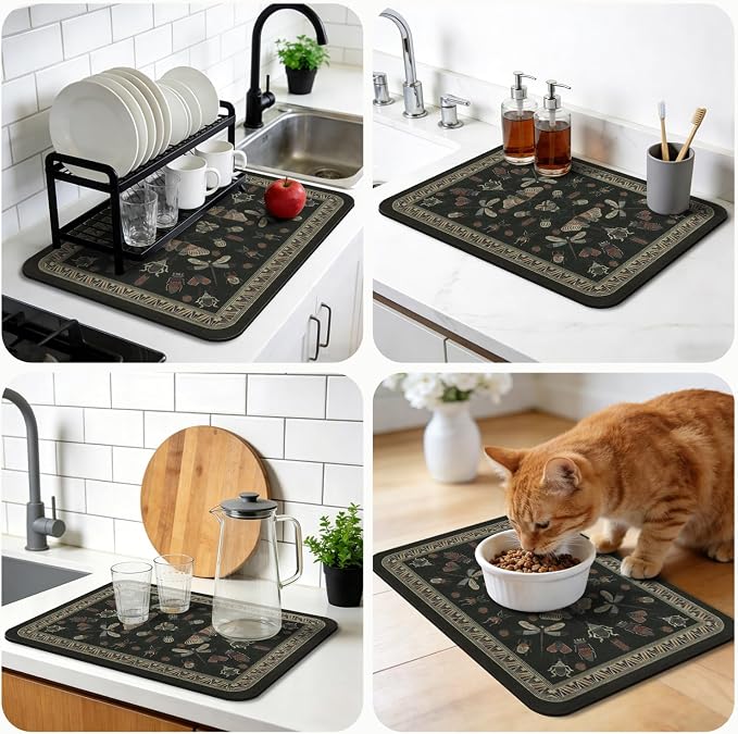 Dish Drying Mat, Vintage Rustic Boho Kitchen Dishes Absorbent Pad, 12x20in | Eco-friendly diatomite with non-slip rubber backing. Super absorbent mat for kitchen counters, coffee bars & sinks