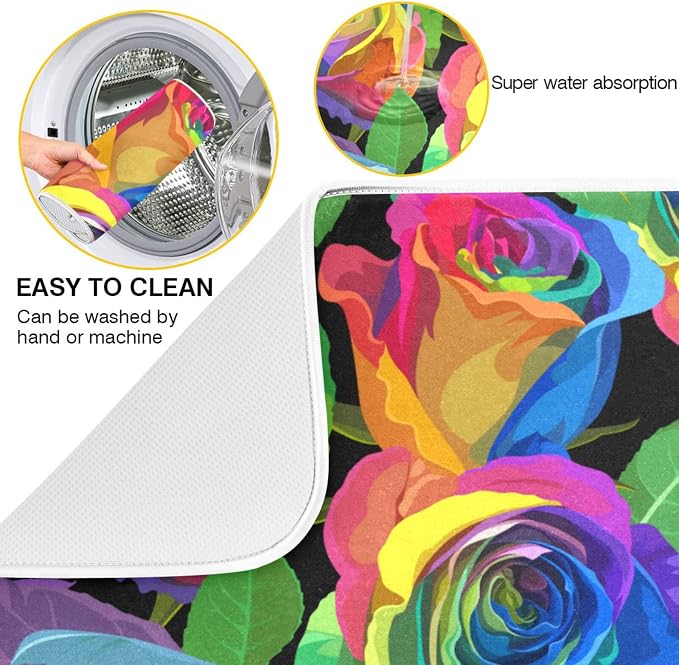 Absorbent Dish Drying Mat for Kitchen Counter - Colorful Rose Vintage Microfiber Drying Pad, Reversible Drainer Mats for Countertop, Small 16 x 18 inch