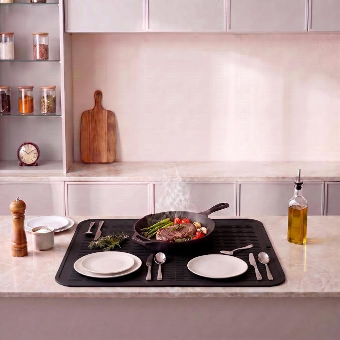 MicoYang Silicone Dish Drying Mat for Multiple Usage,Easy clean,Eco-friendly,Heat-resistant Silicone Mat for Kitchen Counter or Sink,Refrigerator or Drawer Liner Black 4XL 32 inches x 18 inches