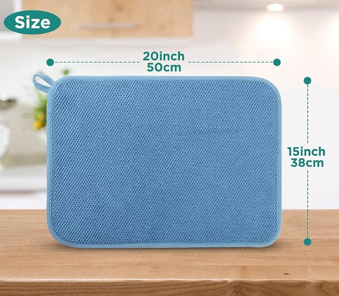 GeeRic Microfiber Dish Drying Mat, Super Absorbent Kitchen Dish Drying Pad, Reversible for Countertop, 15*20 inch Blue