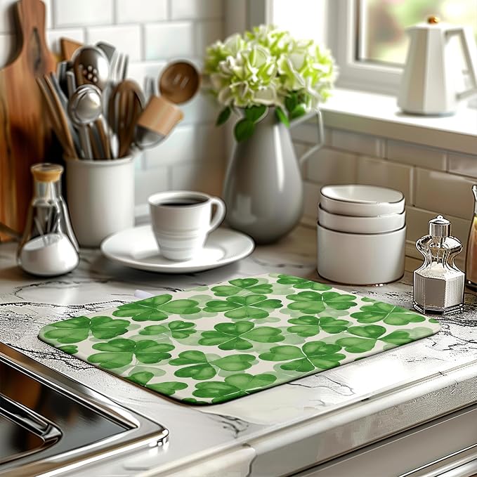 Green Clover Shamrock Dish Drying Mats for Kitchen Counter 16x18 In Happy St. Patrick's Day Lucky Clovers Dish Drainer Mats Spring Sage Leaf Microfiber Drying Pad Dish Dryer Mat for Coffee Bar