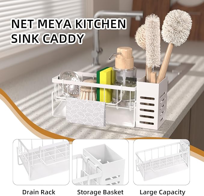 Kitchen Sink Caddy Organizer,Stainless Steel Sponge Holder with Dish Brush Holder,Soap Caddy for Countertop,Kitchen Sink Organizer Countertop Sink Accessories,Cleaning Caddy
