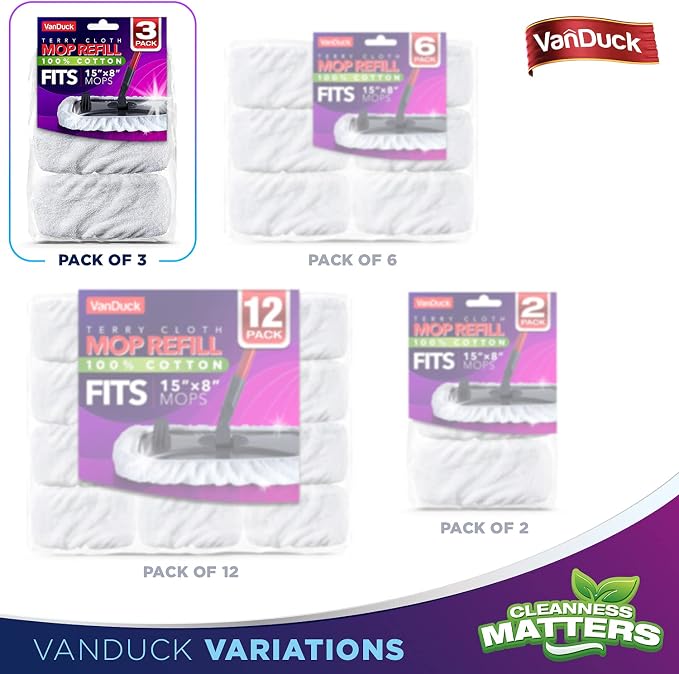 VanDuck 100% Cotton Terry Mop Pads 15x8 Inches, 3-Pack (Mop Not Included) | Reusable terry cloth mop covers, cotton replacement pads, floor cleaning refills, machine washable