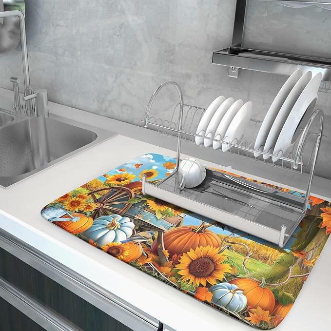 Fall Dish Drying Mat for Kitchen Counter Autumn Pumpkin Cute Bird Microfiber Absorbent Dish Draining Reusable Washable Foldable Extra Large 18"x24"