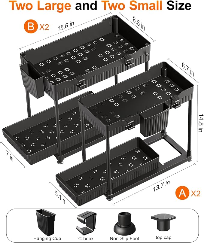 Sevenblue 4-Pack 2-Tier Under Sink Organizer with Pull Out Drawers | Multi-use kitchen & bathroom storage. Includes hanging hooks and cups. Black, space-saving cabinet design. 14.8 Inch