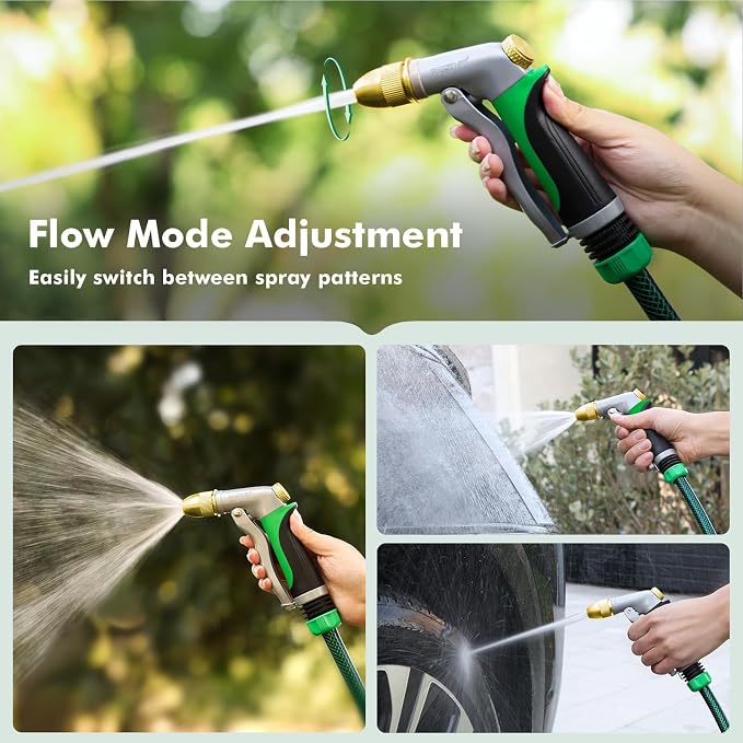 RESTMO Metal Water Hose Nozzle, High Pressure Garden Sprayer, Green | Adjustable Brass Head for 4 Spray Patterns, Heavy Duty Garden Water Sprayer for Outdoor Lawn & Plant & Car