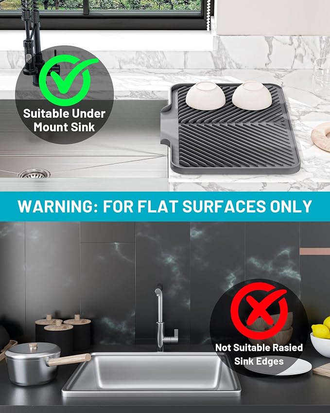 Dish Drying Mat Kitchen Counter - Silicone Dish Drying Pad with Built-in Drain for Sink, Refrigerator and Drawer Liner, Easy Clean, Non-Slip, Heat Resistant, 14.8" x 10.7"