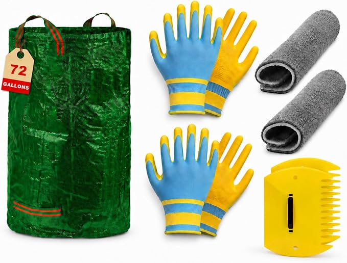 Leaf Scoops Hand Rakes, Leaf Claws & Leaf Grabbers for Yard Work with 72-Gallon Reusable Leaf Bag, 2 Pairs Adult Garden Gloves & Soft Handle Covers, Yard Cleanup Kit for Leaves