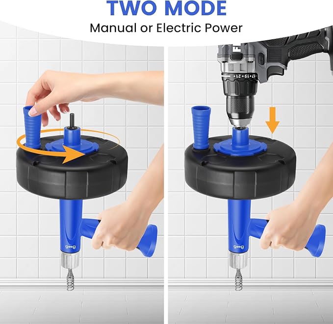 XJX Drain Auger, Plumbing Snake with Drill Adapter, 25FT Flexible Steel Drain Clog Remover, Manual or Powered for Kitchen, Bathroom & Shower Sink, with Gloves and Storage Bag Blue