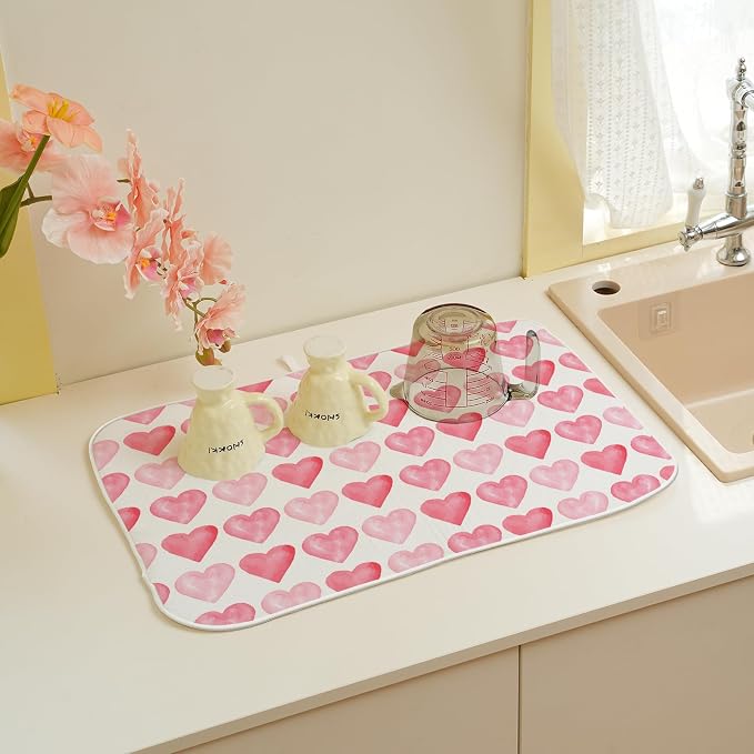 Valentines Day Dish Drying Mats 18x24 Inch Love Pink Heart Drying Mats Anniversary Mother's Day Holiday Valentines Decorations Absorbent Drying Dish Mats for Kitchen Dining Room Counter Decor